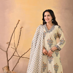 Indolady Signature – White Blue Block Print Suit Set with Artisanal Neck Detailing