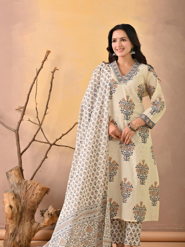 Indolady Signature – White Blue Block Print Suit Set with Artisanal Neck Detailing