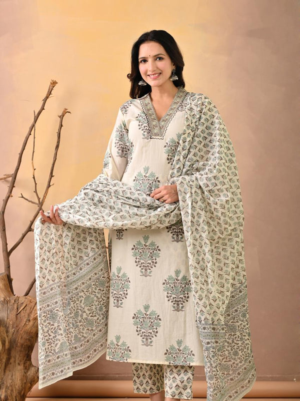 Indolady Signature – White Green Block Print Suit Set with Artisanal Neck Detailing
