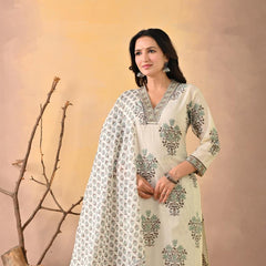 Indolady Signature – White Green Block Print Suit Set with Artisanal Neck Detailing