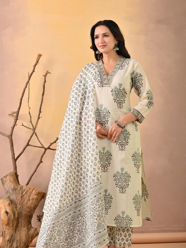 Indolady Signature – White Green Block Print Suit Set with Artisanal Neck Detailing