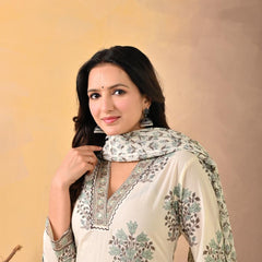 Indolady Signature – White Green Block Print Suit Set with Artisanal Neck Detailing