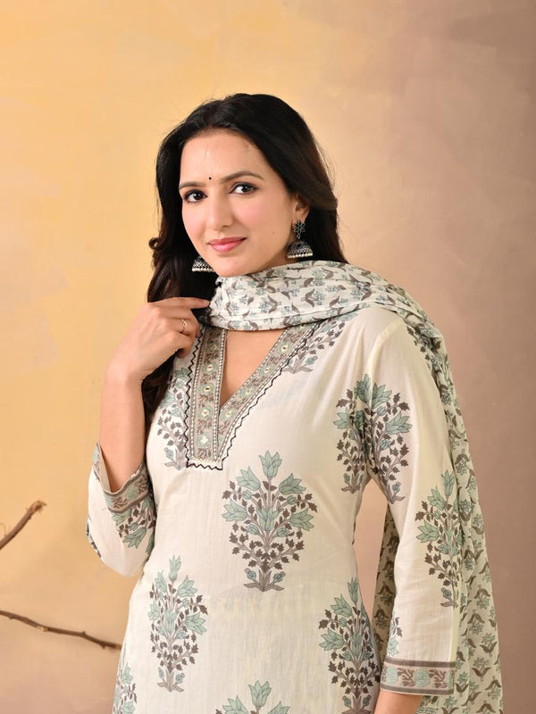 Indolady Signature – White Green Block Print Suit Set with Artisanal Neck Detailing