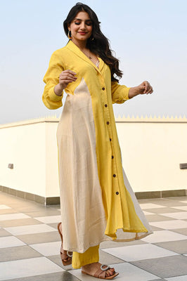Indolady Sunbeam Dual-Tone Rayon Kurta Set – Yellow & Beige