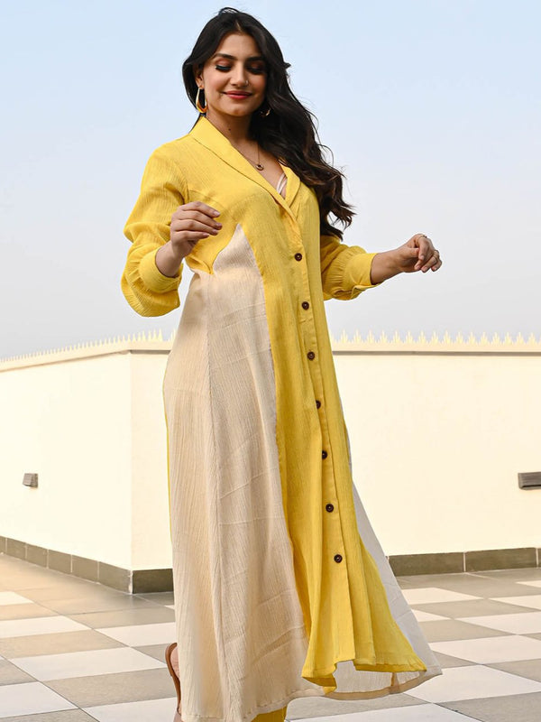 Indolady Sunbeam Dual-Tone Rayon Kurta Set – Yellow & Beige