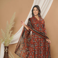 Rust Elegance Cotton A-Line Suit Set with Dupatta – Effortless Everyday Grace
