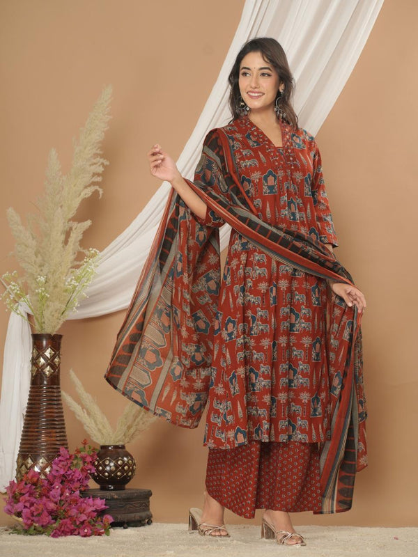 Rust Elegance Cotton A-Line Suit Set with Dupatta – Effortless Everyday Grace