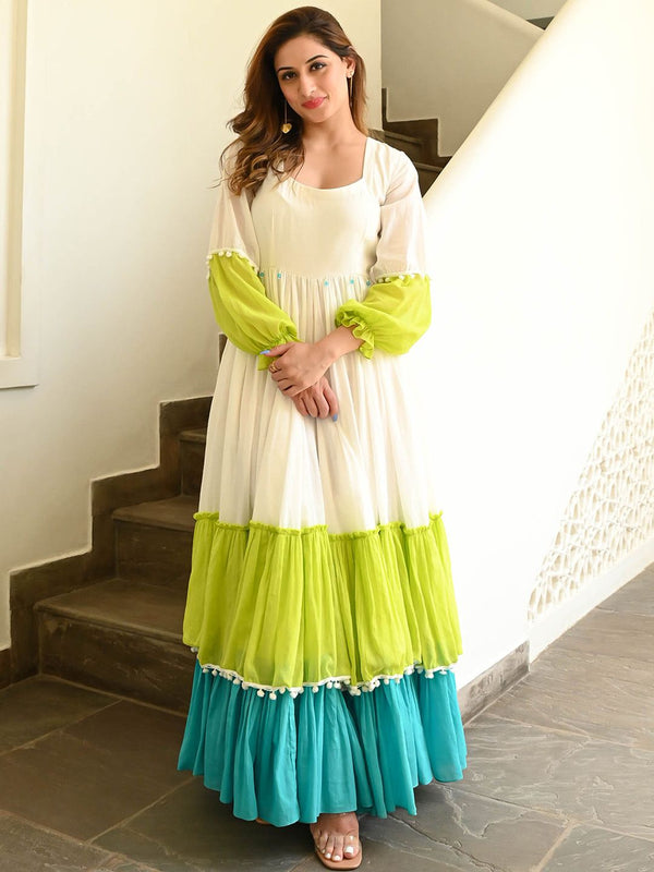 Indolady Multicolor Tiered Flared Long Dress in Premium Cotton