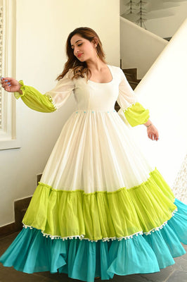 Indolady Multicolor Tiered Flared Long Dress in Premium Cotton