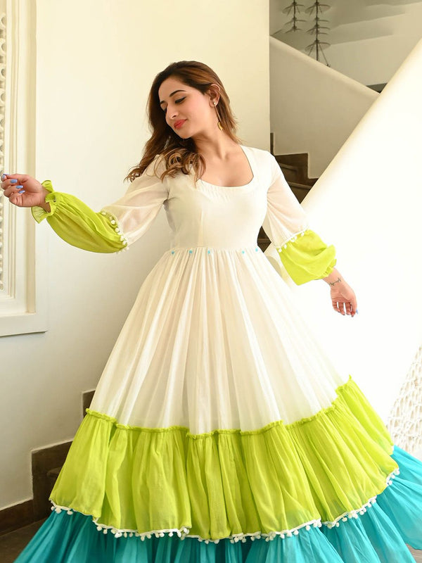 Indolady Multicolor Tiered Flared Long Dress in Premium Cotton Indolady Multicolor Tiered Flared Long Dress in Premium Cotton