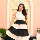 Indolady Black & White Sleeveless Tiered Rayon Dress
