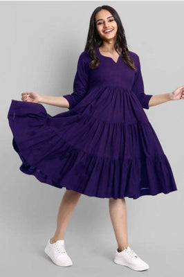 Purple Flared Tier Dress in Rayon | Indolady