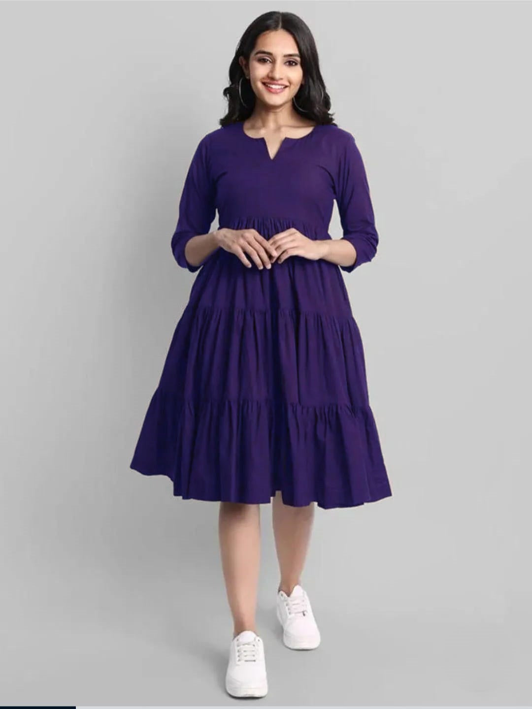 Purple Flared Tier Dress in Rayon | Indolady