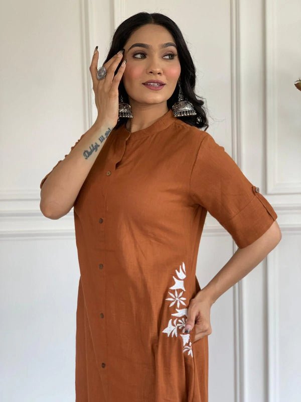 Indolady Rust Brown Cotton Kurta Set with Embroidered Detail