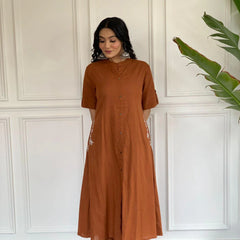Indolady Rust Brown Cotton Kurta Set with Embroidered Detail