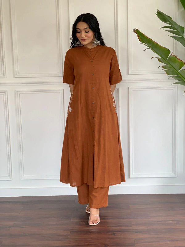 Indolady Rust Brown Cotton Kurta Set with Embroidered Detail