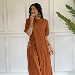 Indolady Rust Brown Cotton Kurta Set with Embroidered Detail