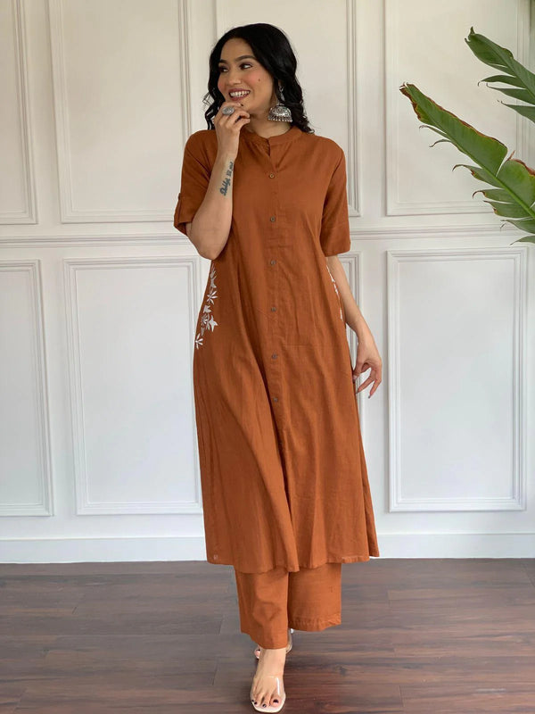 Indolady Rust Brown Cotton Kurta Set with Embroidered Detail