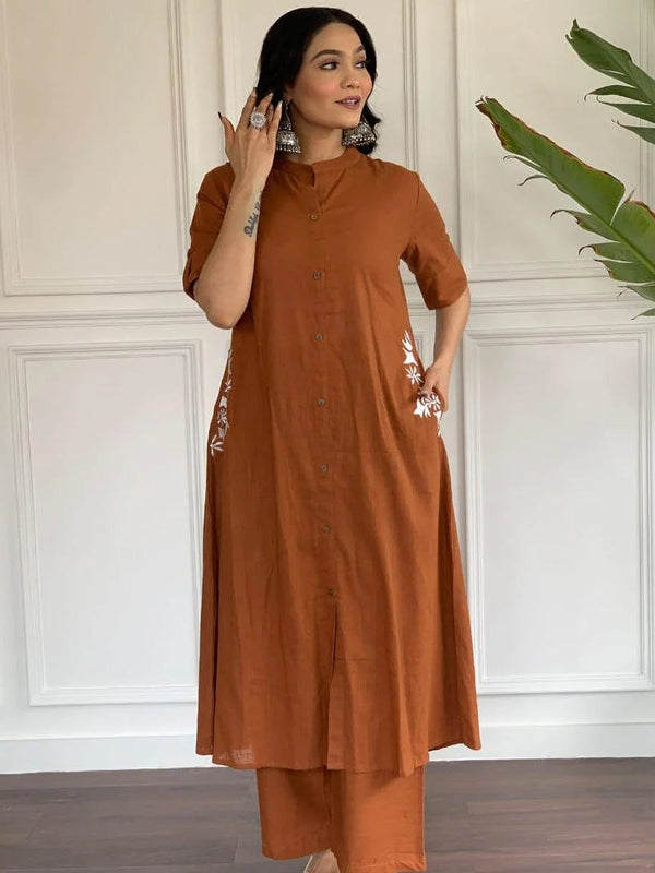Indolady Rust Brown Cotton Kurta Set with Embroidered Detail