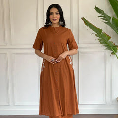 Indolady Rust Brown Cotton Kurta Set with Embroidered Detail