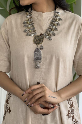 Indolady Beige Cotton Kurta Set with Floral Side Embroidery