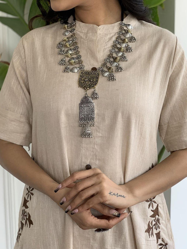 Indolady Beige Cotton Kurta Set with Floral Side Embroidery