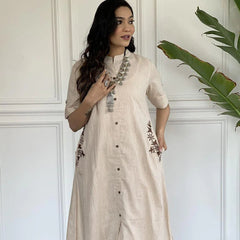 Indolady Beige Cotton Kurta Set with Floral Side Embroidery