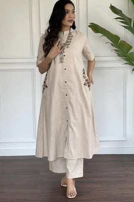 Indolady Beige Cotton Kurta Set with Floral Side Embroidery