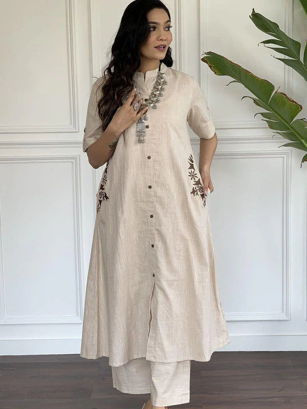 Indolady Beige Cotton Kurta Set with Floral Side Embroidery
