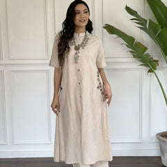 Indolady Beige Cotton Kurta Set with Floral Side Embroidery