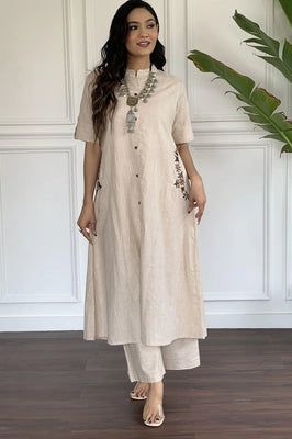 Indolady Beige Cotton Kurta Set with Floral Side Embroidery