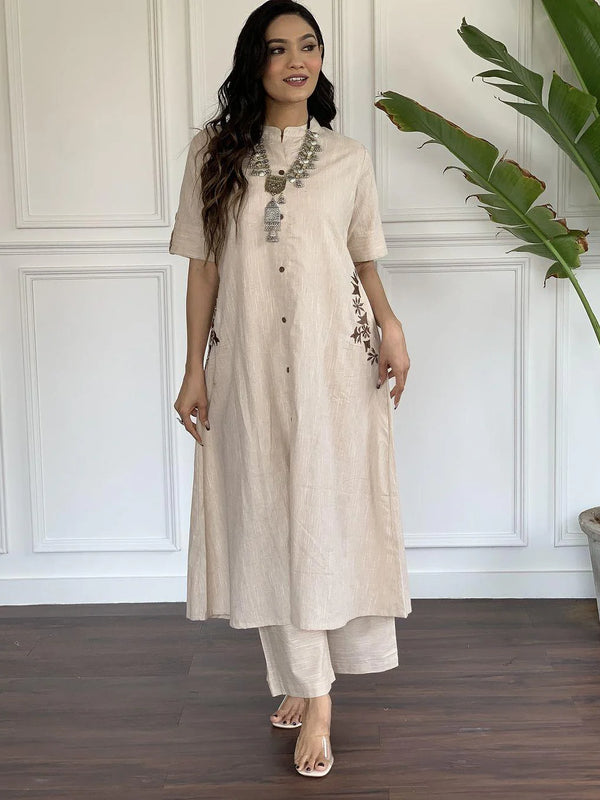 Indolady Beige Cotton Kurta Set with Floral Side Embroidery