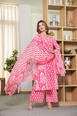 Rangrali Pink – Vibrant Printed Cotton Suit Set with Dupatta