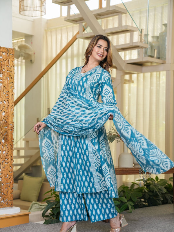Neel Tara - Sky Blue Cotton Suit Set with Ethnic Prints