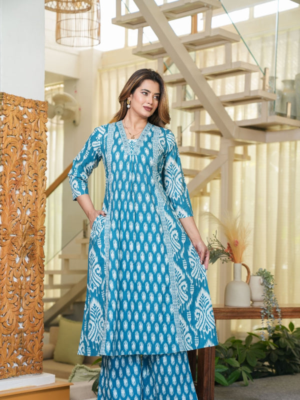 Neel Tara - Sky Blue Cotton Suit Set with Ethnic Prints