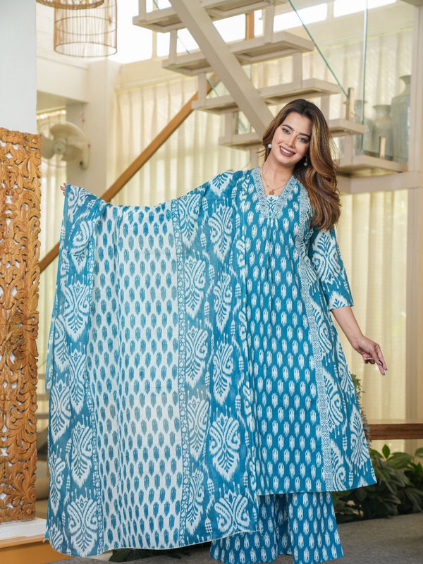 Neel Tara - Sky Blue Cotton Suit Set with Ethnic Prints