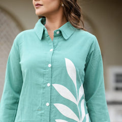 Indolady Mint Leaf Aari Embroidered Co-ord Set in Pure Cotton Flex