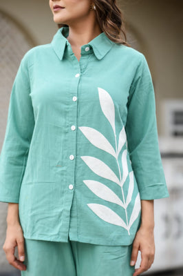 Indolady Mint Leaf Aari Embroidered Co-ord Set in Pure Cotton Flex