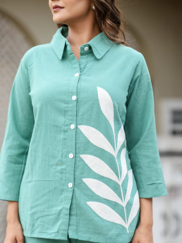 Indolady Mint Leaf Aari Embroidered Co-ord Set in Pure Cotton Flex