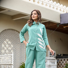Indolady Mint Leaf Aari Embroidered Co-ord Set in Pure Cotton Flex