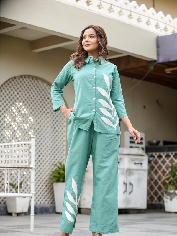Indolady Mint Leaf Aari Embroidered Co-ord Set in Pure Cotton Flex