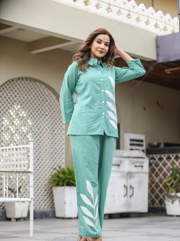Indolady Mint Leaf Aari Embroidered Co-ord Set in Pure Cotton Flex