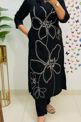 Indolady Noor Black Aari Embroidered Cotton Co-ord Set
