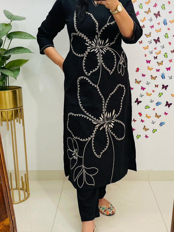 Indolady Noor Black Aari Embroidered Cotton Co-ord Set