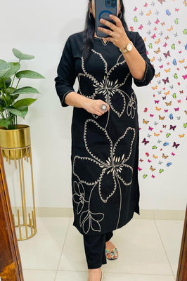 Indolady Noor Black Aari Embroidered Cotton Co-ord Set