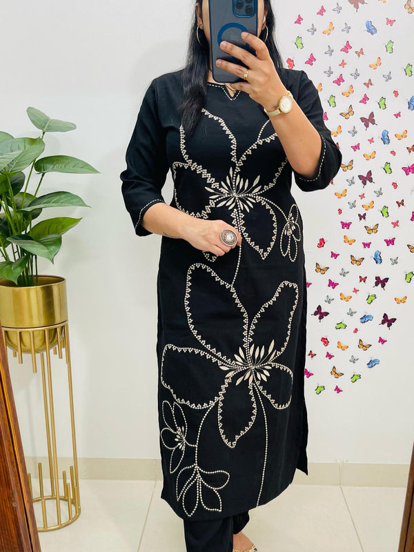 Indolady Noor Black Aari Embroidered Cotton Co-ord Set