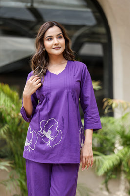 Indolady Royal Orchid Co-ord Set | Soft Cotton & White Floral Embroidery