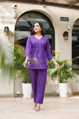 Indolady Royal Orchid Co-ord Set | Soft Cotton & White Floral Embroidery