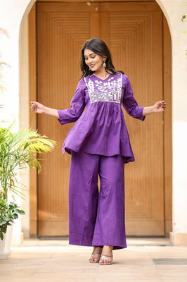 Elegant Heritage Cotton Co-ord Set –  Purple Shades