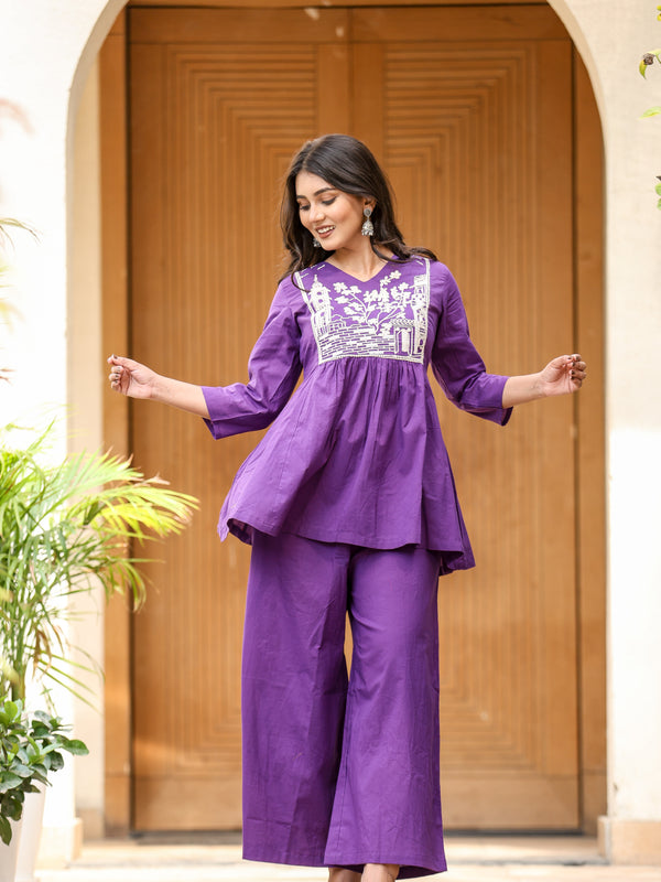 Elegant Heritage Cotton Co-ord Set –  Purple Shades